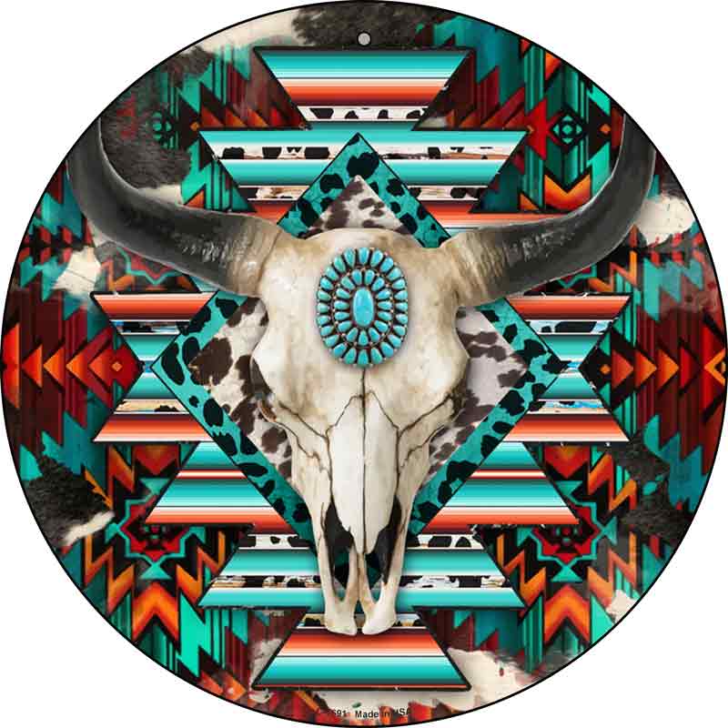 Cow SKULL Aztec Vibrant Print Wholesale Novelty Metal Circle Sign