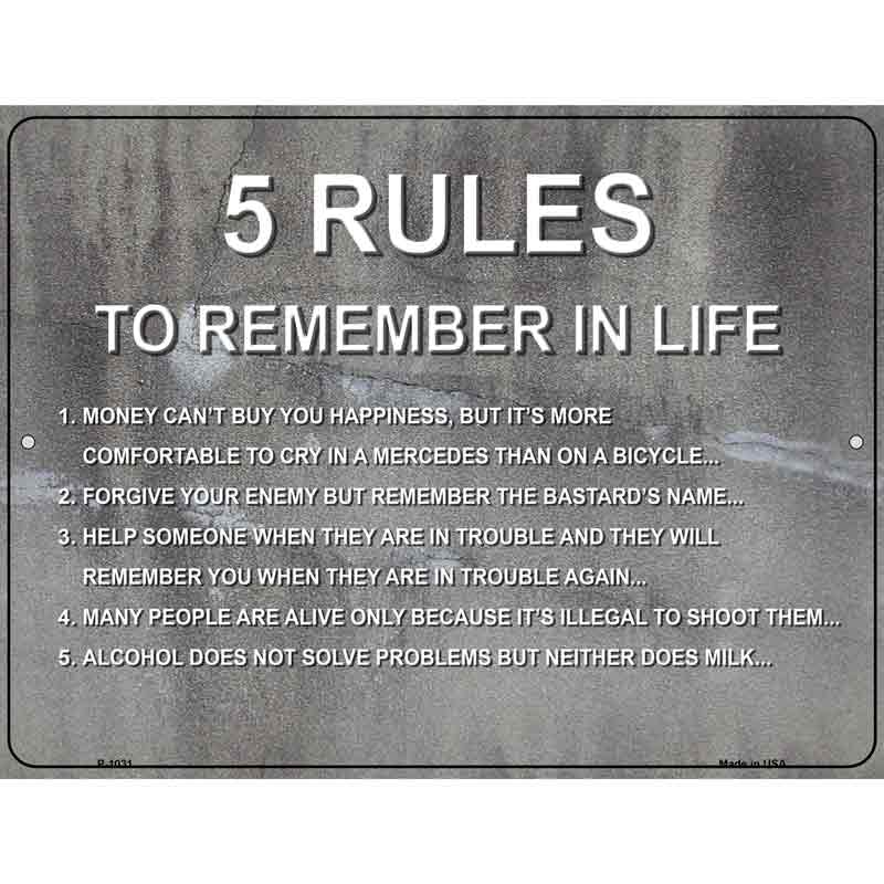 5 Rules In Life Wholesale Metal Novelty Parking SIGN