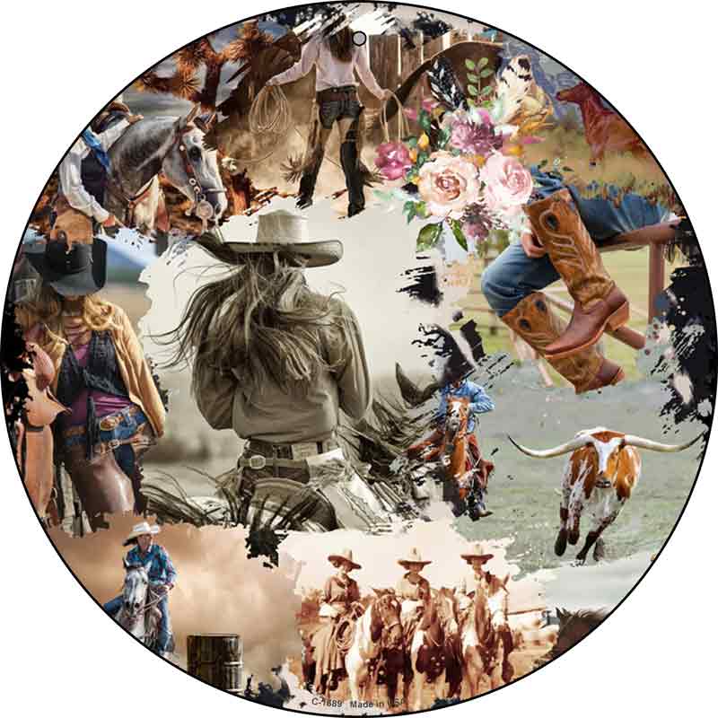Cowgirl Riding Collage Wholesale Novelty Metal Circle Sign