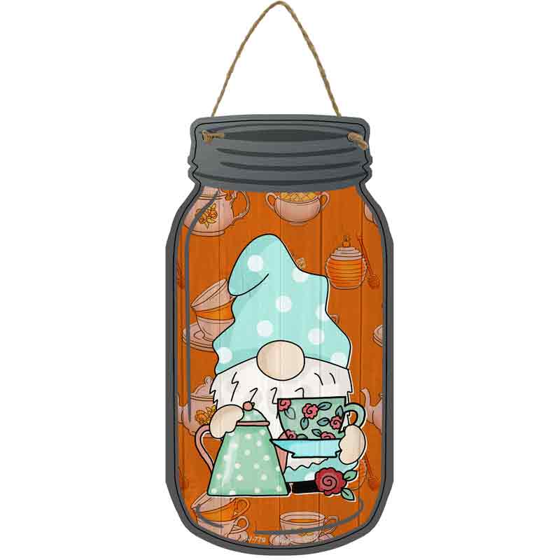 Gnome With Cup of Tea Wholesale Novelty Metal Mason Jar Sign