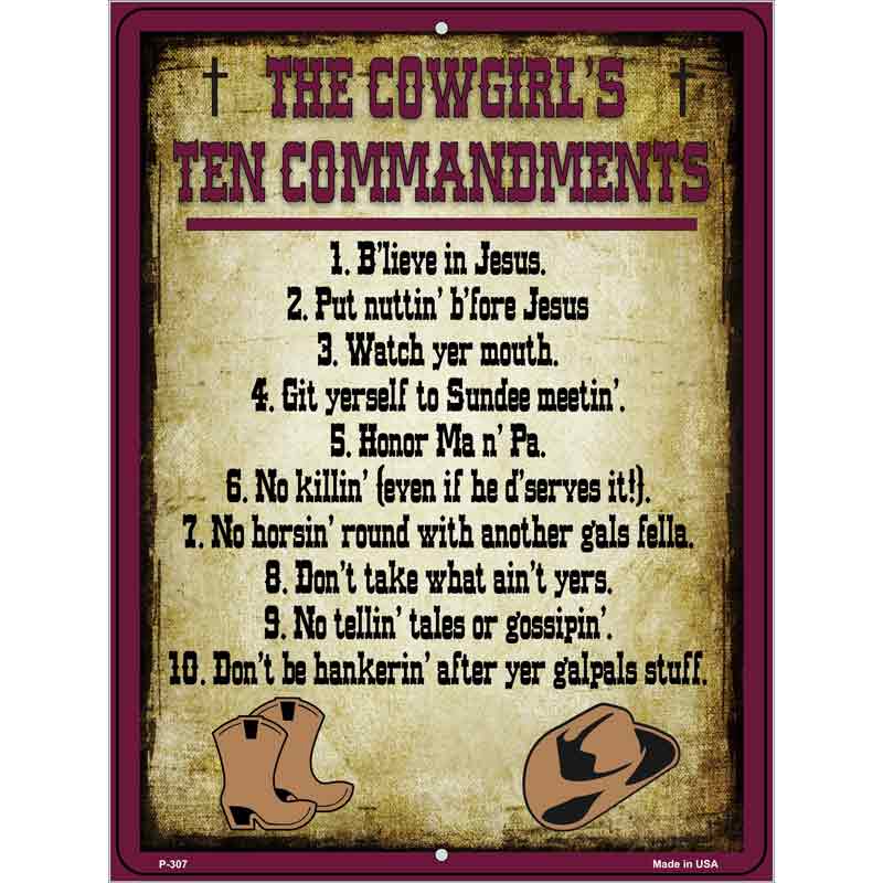 Cowgirls Ten Commandments Vertical Wholesale Metal Novelty Parking SIGN
