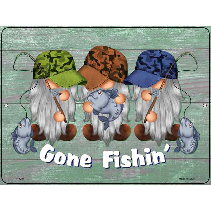 Gone FISHING Three Camo Gnomes Wholesale Novelty Metal Parking Sign