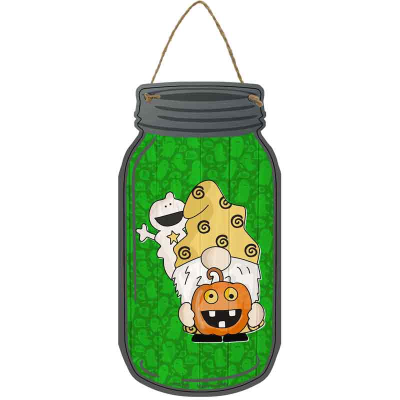 Gnome With Pumpkin and Ghost Wholesale Novelty Metal Mason Jar Sign