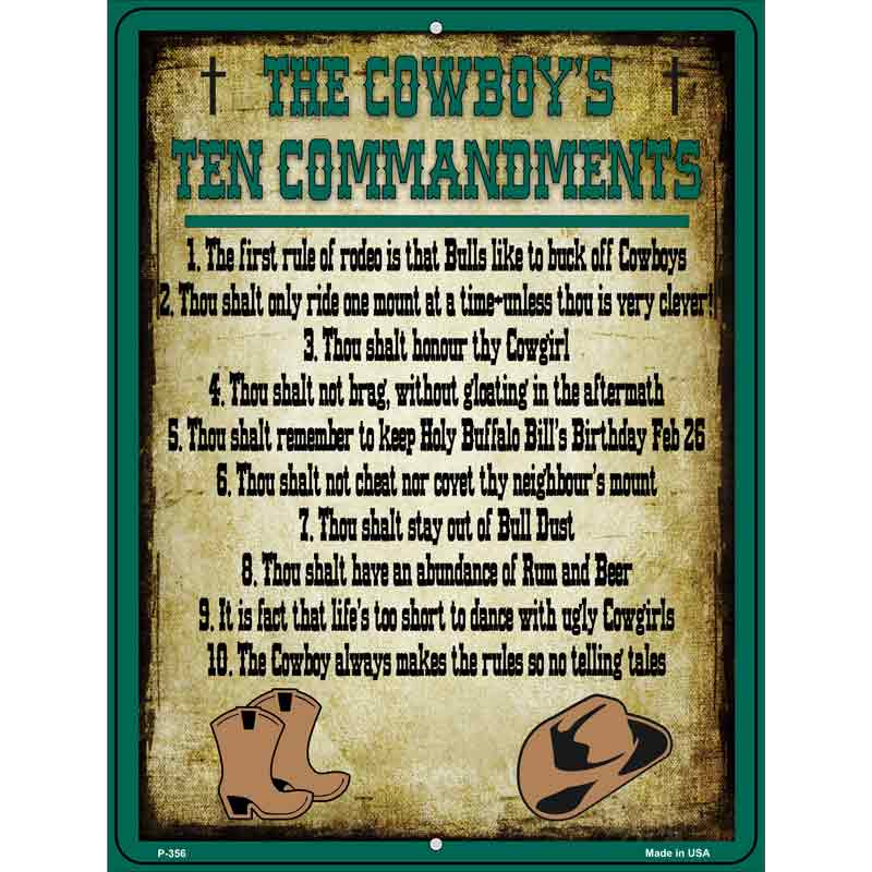 Cowboys Ten Commandments Green Wholesale Novelty Metal Parking SIGN