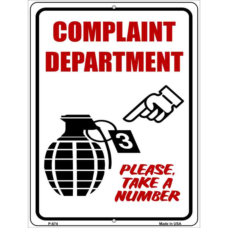 Complaint Department Wholesale Metal Novelty Parking SIGN