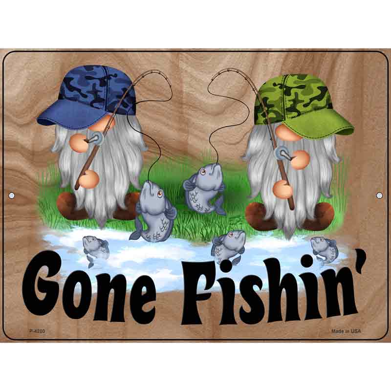 Gone FISHING Two Camo Gnomes Wholesale Novelty Metal Parking Sign