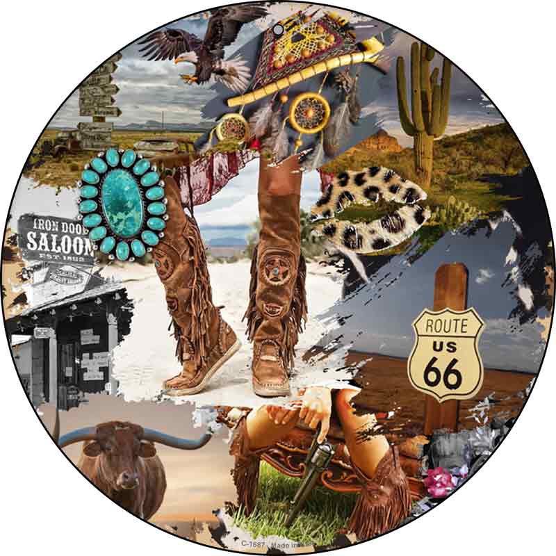 Rte 66 WESTERN Scenery Collage Wholesale Novelty Metal Circle Sign
