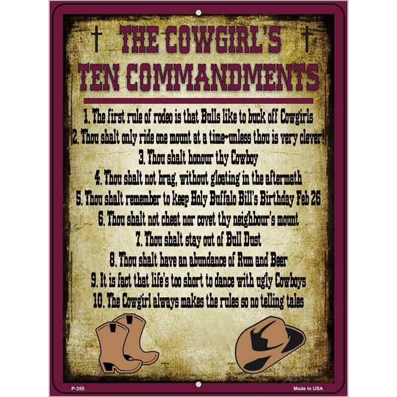 Cowgirls Ten Commandments Maroon Wholesale Novelty Metal Parking SIGN