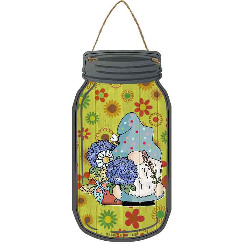 Gnome With Blue FLOWERS Wholesale Novelty Metal Mason Jar Sign