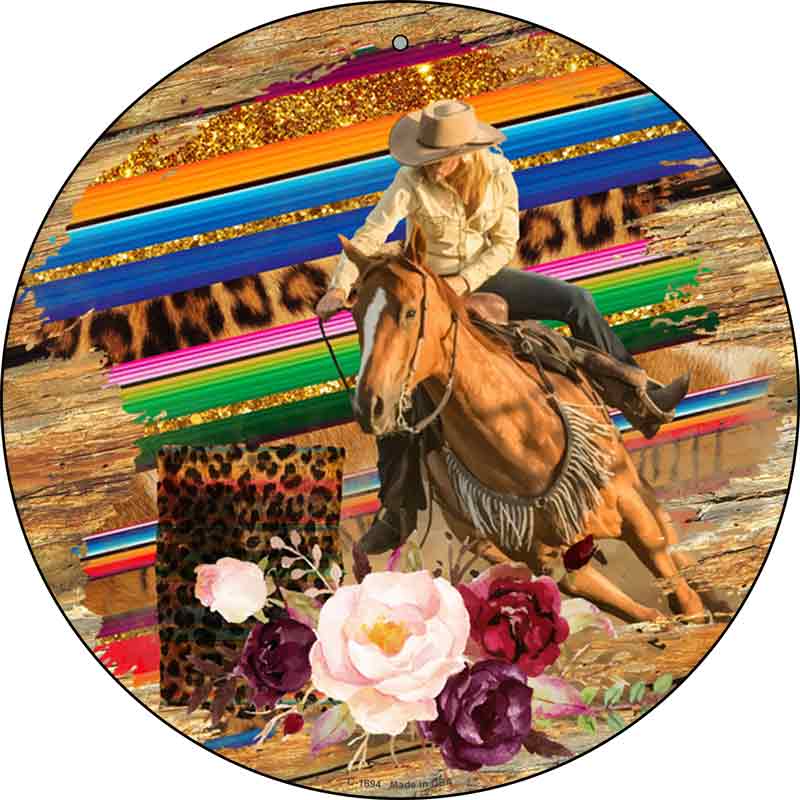 Cowgirl Horse On Wood Wholesale Novelty Metal Circle Sign